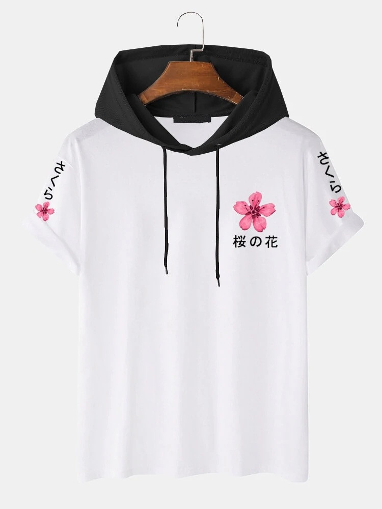 Fifth Avenue Floral Text Print MIFT439 Hooded ROKA T-Shirt - White Black