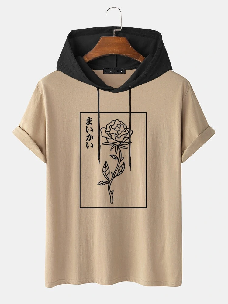 Fifth Avenue Floral Text Print MIFT449 Hooded ROKA T-Shirt - Cream Black