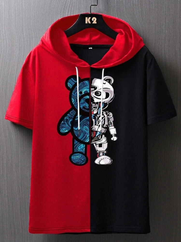 Fifth Avenue ZIMPY Color Block Printed Hooded T-Shirt - Black Maroon