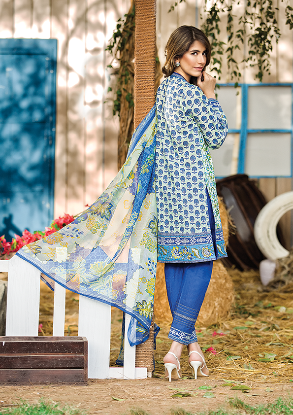 Al Karam LAWN 3 PIECE - CHIFFON WITH EMBROIDERY Design SS-133-Blue