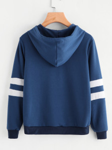 Fifth Avenue Rose Print JAVANA Varsity Sleeve Striped Hoodie - Navy Blue