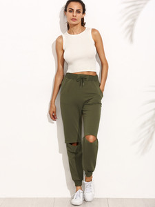Women's Slit Knee Fleece Jogger Pants by Fifth Avenue - Khaki Green