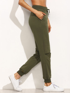 Women's Slit Knee Fleece Jogger Pants by Fifth Avenue - Khaki Green