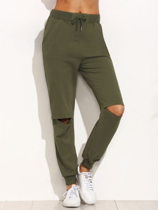 Women's Slit Knee Fleece Jogger Pants by Fifth Avenue - Khaki Green