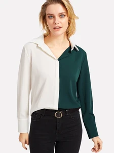 Fifth Avenue Women's Color Block Button Blouse - White and Green