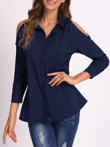 Fifth Avenue Women's Viscose Button Down Cold Shoulder Shirt - Navy Blue