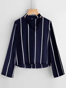 Fifth Avenue Women's ZIDD Choker Neck V Neck Top - Navy Blue and White
