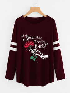 Fifth Avenue Women's NAZA Full Sleeve Rose Makes Everything Better Vector Printed T-Shirt - Maroon