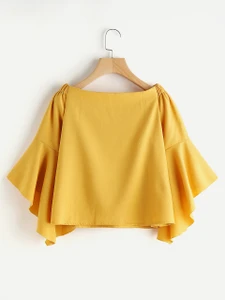 Fifth Avenue Silky Exaggerated Sleeve Off Shoulder Top - Yellow