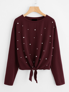 Fifth Avenue Women's MOJJ Bottom Knot Pearl Beaded Full Sleeve T-Shirt - Maroon