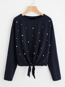 Fifth Avenue Women's MOJJ Bottom Knot Pearl Beaded Full Sleeve T-Shirt - Navy Blue