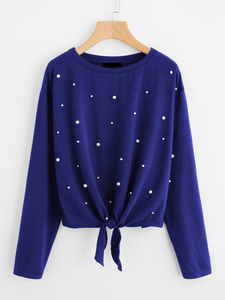 Fifth Avenue Women's MOJJ Bottom Knot Pearl Beaded Full Sleeve T-Shirt - Royal Blue