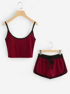 Fifth Avenue Women's NEVR Contrast Binding Cami Top Shorts Set - Maroon