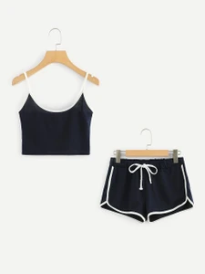 Fifth Avenue Women's NEVR Contrast Binding Cami Top Shorts Set - Navy Blue