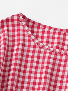 Fifth Avenue Women's Lantern Sleeve Self Tie Gingham Top - Red and White 
