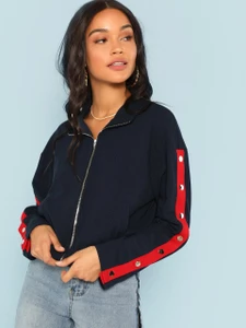 Fifth Avenue Cropped I8BK Snap Button Bomber Jacket - Navy Blue