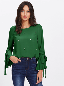 Fifth Avenue Women's Silky Beaded Tie Cuff Shirt - Green