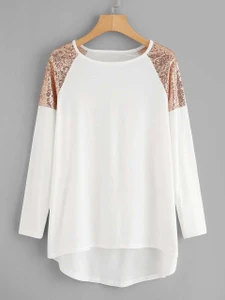 Fifth Avenue Women's Full Sleeve Dip Hem Sequin Shoulder TSA1 T-Shirt - White