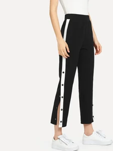 Women's HJ105 Snap Button Contrast Panel Track Pants by Fifth Avenue - Black