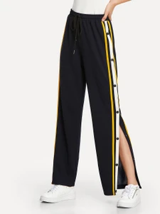 Women's HJ201 Snap Button Contrast Striped Track Pants by Fifth Avenue - Black and Yellow