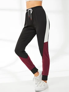 Women's HJ207 Color Block Jogger Pants by Fifth Avenue - Black and Maroon