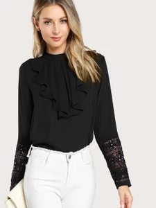 Fifth Avenue Women's UVA1145 Neck Ruffle Lace Cuff Blouse - Black