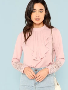 Fifth Avenue Women's UVA1145 Neck Ruffle Lace Cuff Blouse - Pink