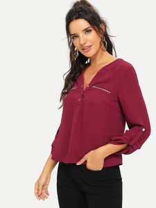 Fifth Avenue Women's UVA1147 Zip Collar Button Pocket Blouse - Maroon
