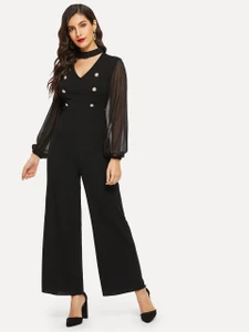 Fifth Avenue Women's JMS67 Breasted Button Chiffon Sleeve Jumpsuit - Black