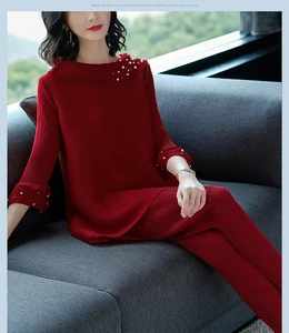 Fifth Avenue Silky Fold Collar Beaded Top and Pants 2 Piece Set TPS94 - Maroon