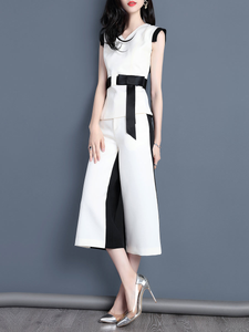 Fifth Avenue Self Tie Sleeveless Color Block Top and Pants 2 Piece Set TPS103 - White and Black
