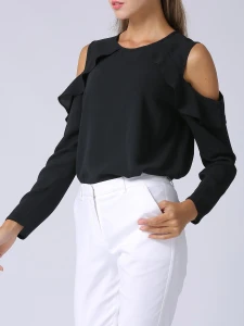 Fifth Avenue Women's UVA1286 Cold Shoulder Ruffle Detail Blouse - Black