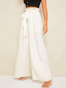 Fifth Avenue Georgette GTTWP13 Self Belted Wide Leg Pants - White