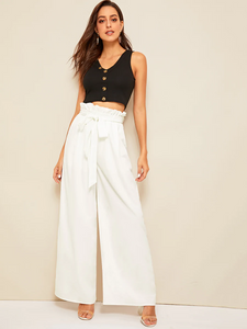 Fifth Avenue Georgette GTTWP13 Self Belted Wide Leg Pants - White