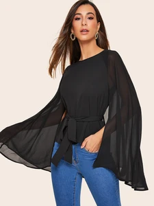 Fifth Avenue Women's UVA1337 Chiffon Batwing Back and Sleeve Detail Top - Black
