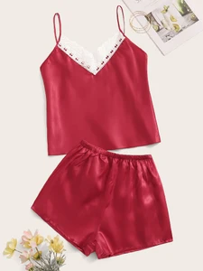 Fifth Avenue Women's NSS102 Lace Detail Tank Top and Shorts Satin Set - Red