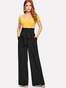 Fifth Avenue Georgette GTTWP17 Self Belted Extra Wide Leg Pants - Black