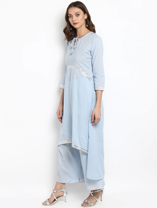 Lemon Tart Clothing Women's LTS11 Lace Detail Kurti and Pants Sets - Light Blue