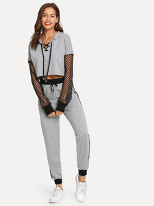Fifth Avenue Women's TPS349 Contrast Net Hoodie and Jogger Pants 2 Piece Co-Ord Sets - Grey