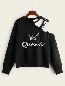 Fifth Avenue Fleece Lace Sleeve Queen Print Sweatshirt LNA2007 - Black