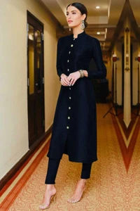 Fifth Avenue Women's TPS426 Blended Silk Kurti and Pants Set - Navy Blue