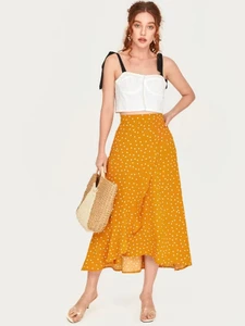Fifth Avenue Womens Cotton Overlap Detail Polka Print GTSKIR1 Skirt - Yellow
