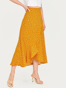 Fifth Avenue Womens Cotton Overlap Detail Polka Print GTSKIR1 Skirt - Yellow