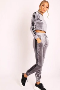 Fifth Avenue Womens Velvet Striped Hoodie and Jogger Pants Co- Ord Set FAVELC5 - Silver