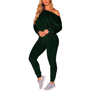 Fifth Avenue Womens Velvet One Shoulder Top and Jogger Pants Co-Ord Set FAVELC8 - Green