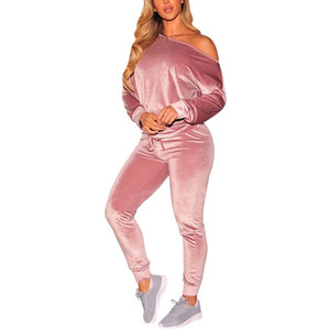 Fifth Avenue Womens Velvet One Shoulder Top and Jogger Pants Co-Ord Set FAVELC8 - Pink