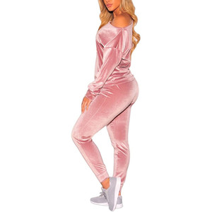 Fifth Avenue Womens Velvet One Shoulder Top and Jogger Pants Co-Ord Set FAVELC8 - Pink