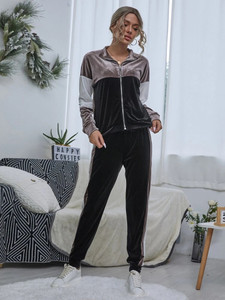 Fifth Avenue Womens Color Block Velvet Jacket and Jogger Pants Co-Ord Set FAVELC10