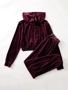 Fifth Avenue Womens Zip Up Velvet Hoodie and Pants Co-Ord Set FAVELC13 - Maroon