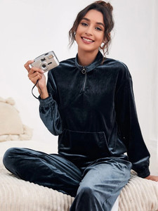 Fifth Avenue Womens Velvet Half Zip Neck Sweatshirt and Pants Co-Ord Set FAVELC16